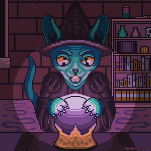 A green colored hairless cat is dressed like the wicked witch of the west from The Wizard of Oz. She is laughing while looking into a glowing crystal ball.