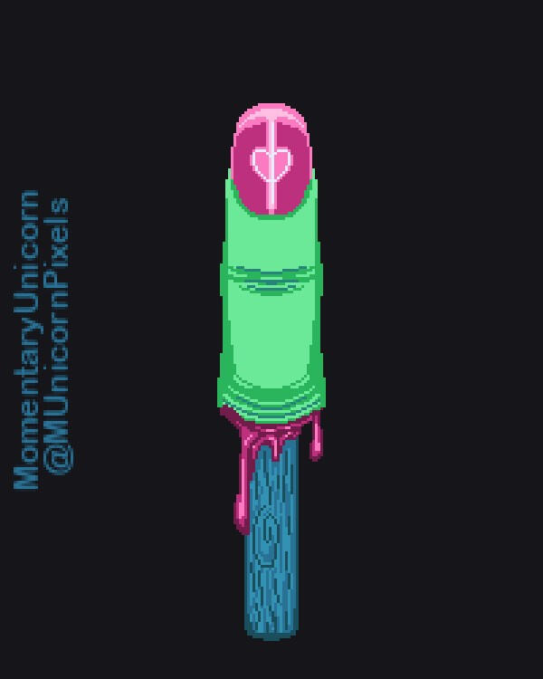 A rotten green finger with a painted nail decorated with a heart, oozing blood at the bottom on a stick.