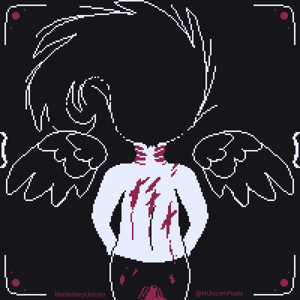 A woman with blacked out angle wings and floating hair stands with her back at the viewer. There are bleeding wounds on her back.