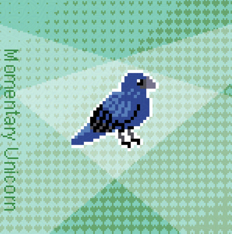 Pixel art, an indigo bunting facing to the right on a green heart patterned background with two spotlights in an X shape behind the bird.