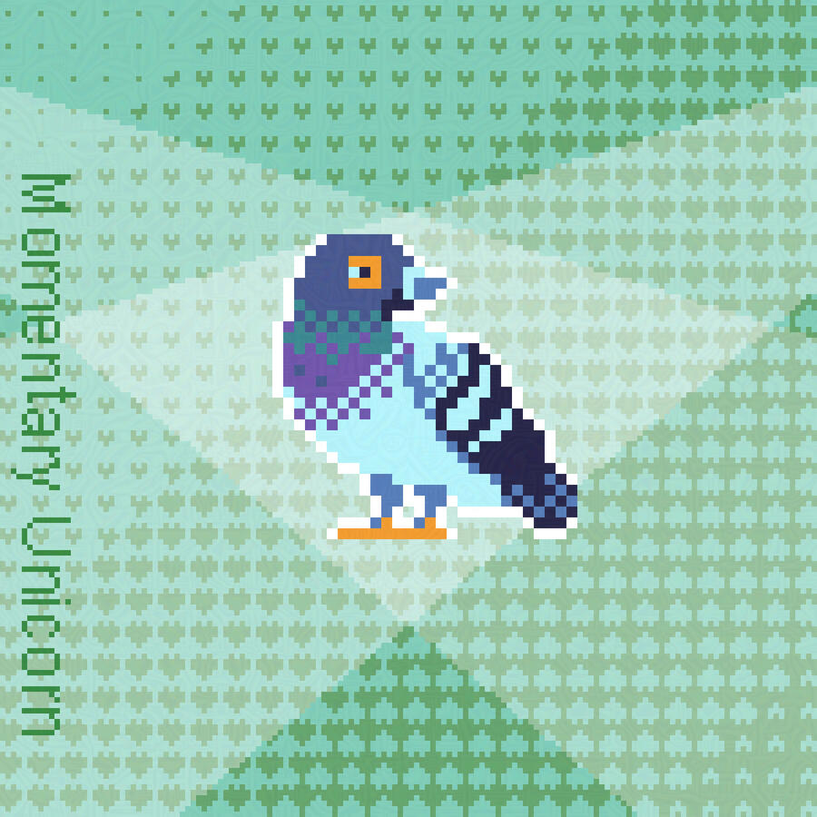 Pixel art, a rock pigeon standing to the left with its head looking to the right. It is on a green background with little hearts and two spotlights crossed over one another.
