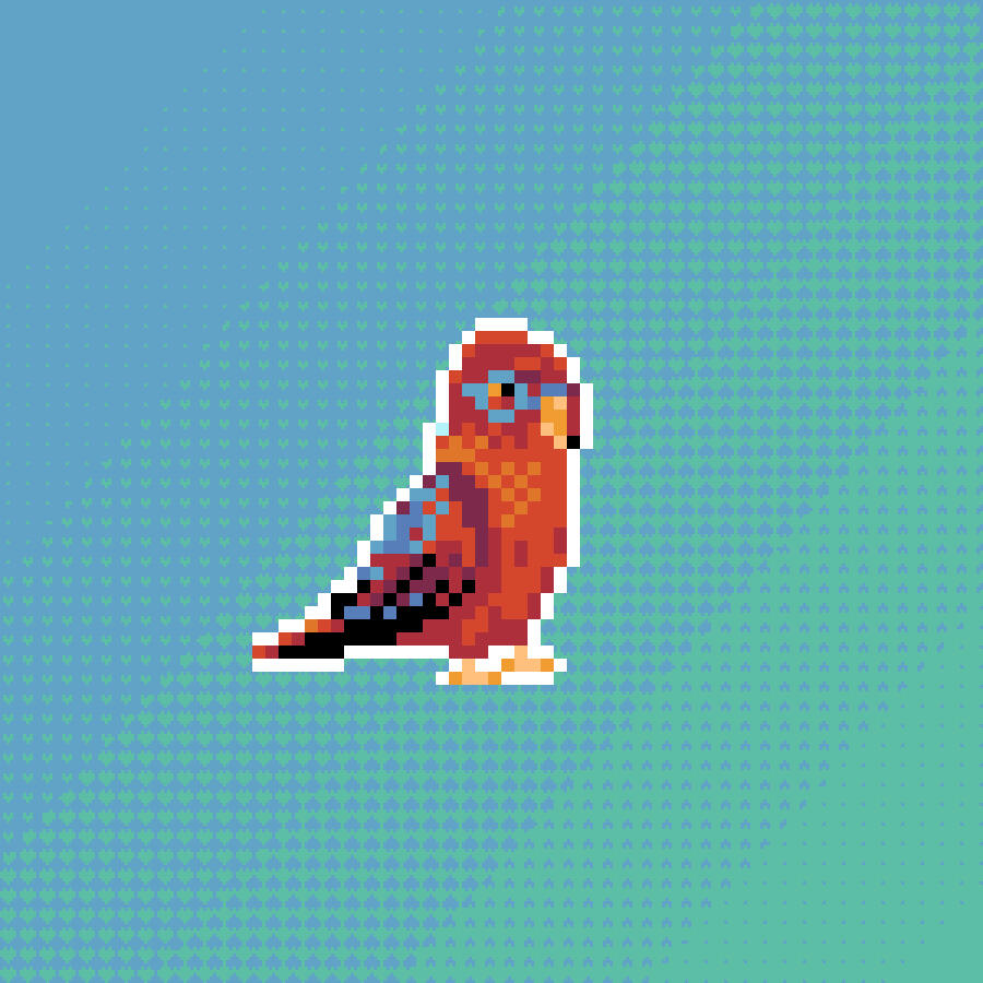 Pixel art, a red lory parrot on a cyan and blue background with little hearts.