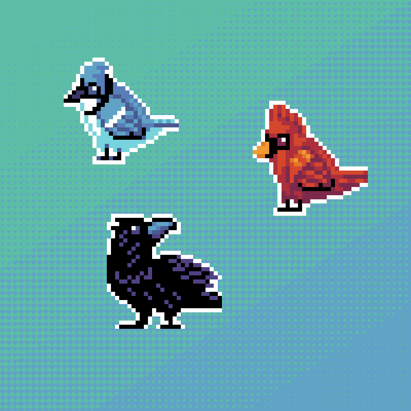 Pixel art, the top left bird is a blue jay, top right is a northern cardinal, and the bottom bird is a crow. The background is cyan and blue with a tiny heart pattern.